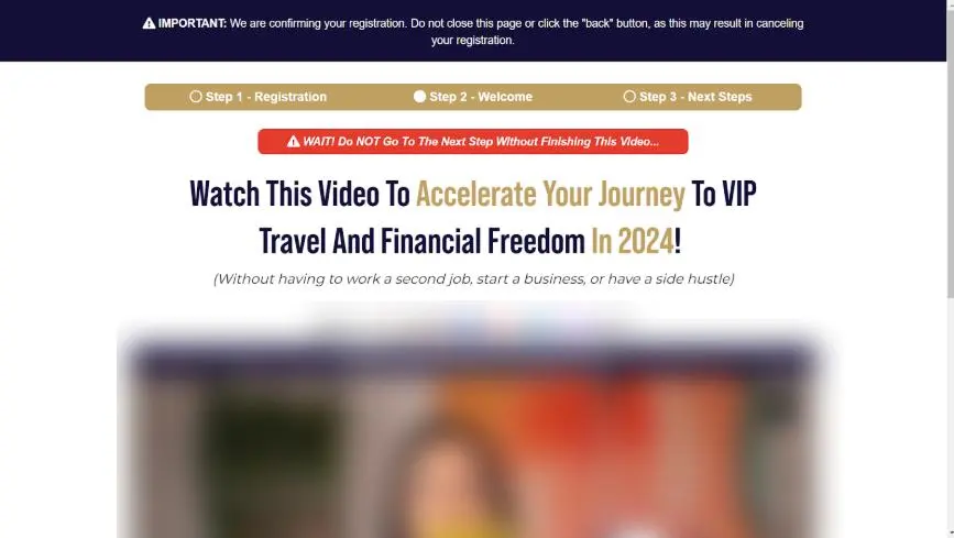 Control headline on a VIP travel thank-you page, with a subheadline about traveling without a second job, business, or side hustle, above a video.