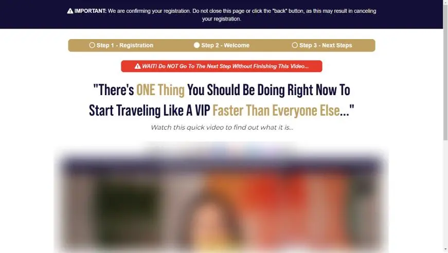 Test Group 4 thank-you page showing a curiosity-focused headline about traveling like a VIP faster than everyone else, above a video.