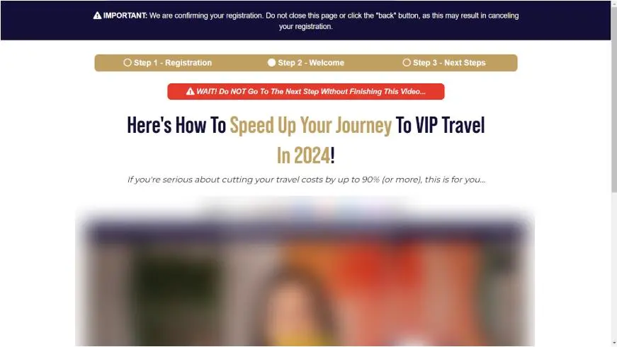 Test Group 5 thank-you page showing a headline about speeding up VIP travel and cutting travel costs by up to 90%, above a video.