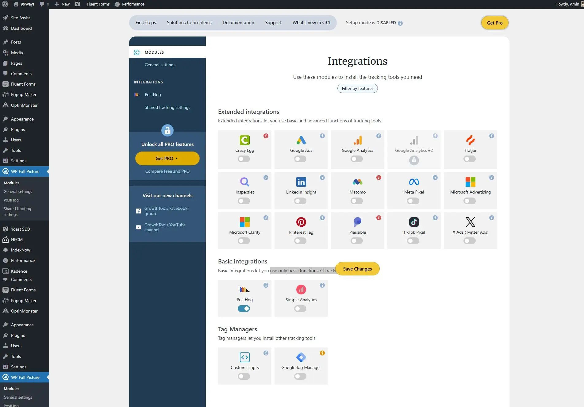 WP Full Picture modules screen with PostHog enabled