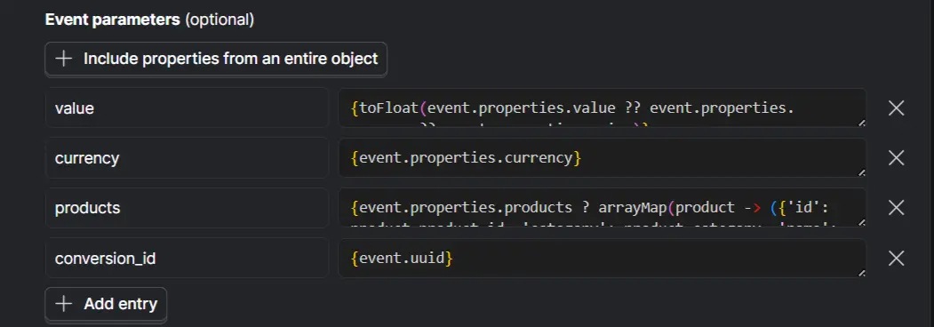 PostHog event parameter mappings for value, currency, products, and conversion ID