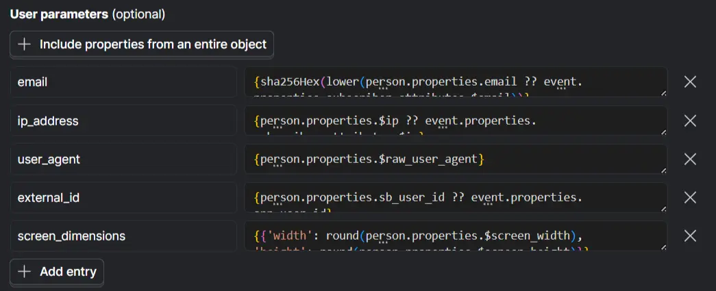 PostHog user parameter mappings for email, IP address, user agent, external ID, and screen dimensions