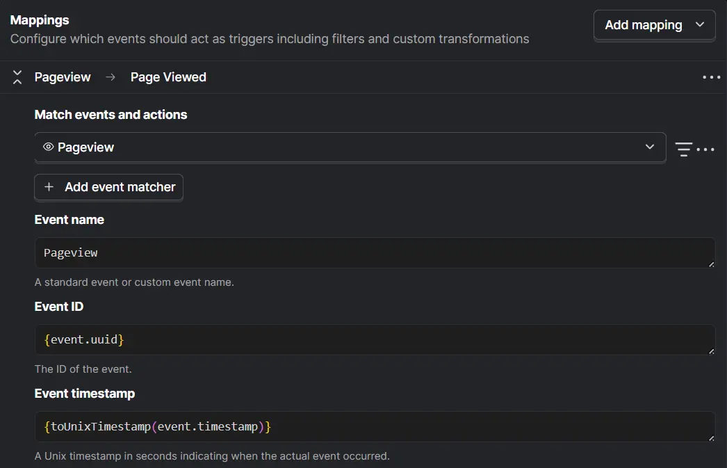 TikTok Ads Conversions mapping in PostHog showing Pageview mapped to Page Viewed
