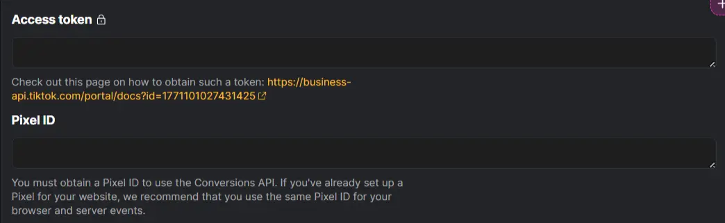 TikTok Ads Conversions destination setup fields for an access token and Pixel ID