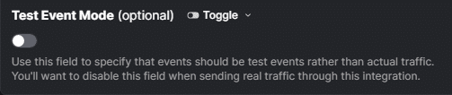 PostHog Test Event Mode toggle switched off
