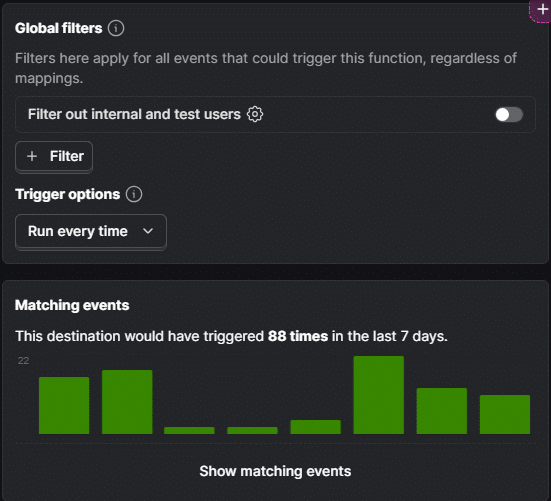 PostHog Snapchat Ads Conversions global filters and matching-events chart