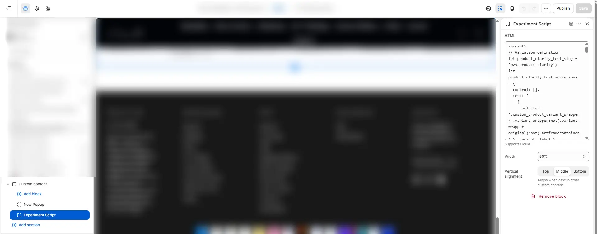 Shopify theme editor showing an Experiment Script custom-content block with HTML code