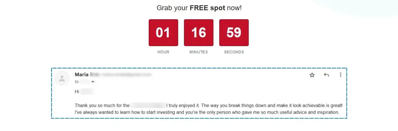 Landing page with a countdown timer and customer testimonial